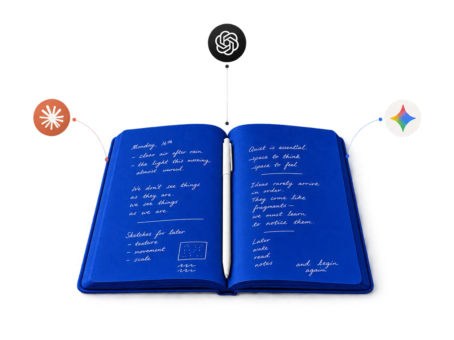 An open notebook with deep blue pages, written on in white ink, a white pen resting in the gutter.