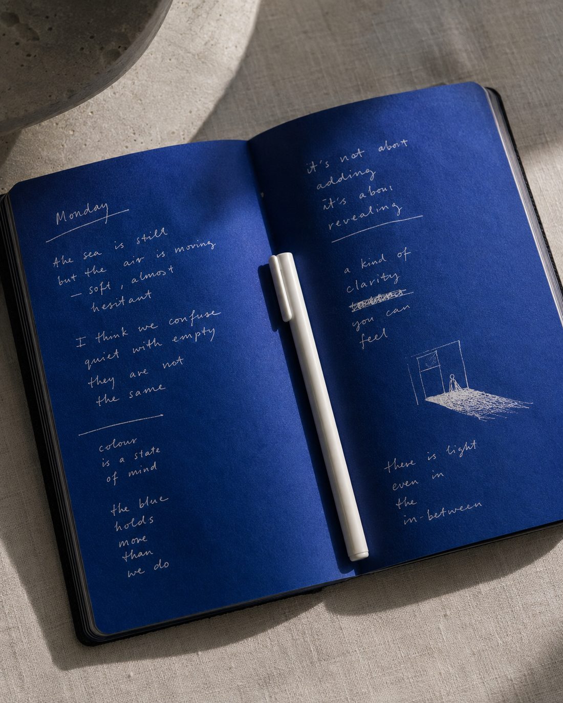 The open book on linen in morning light, white handwriting across both blue pages.